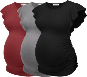 Ekouaer Women's Maternity Shirts 3 Packs Flying Short Sleeve Pregnancy Tops Side Ruched Tunic Blouse Mama Clothes S-XXL