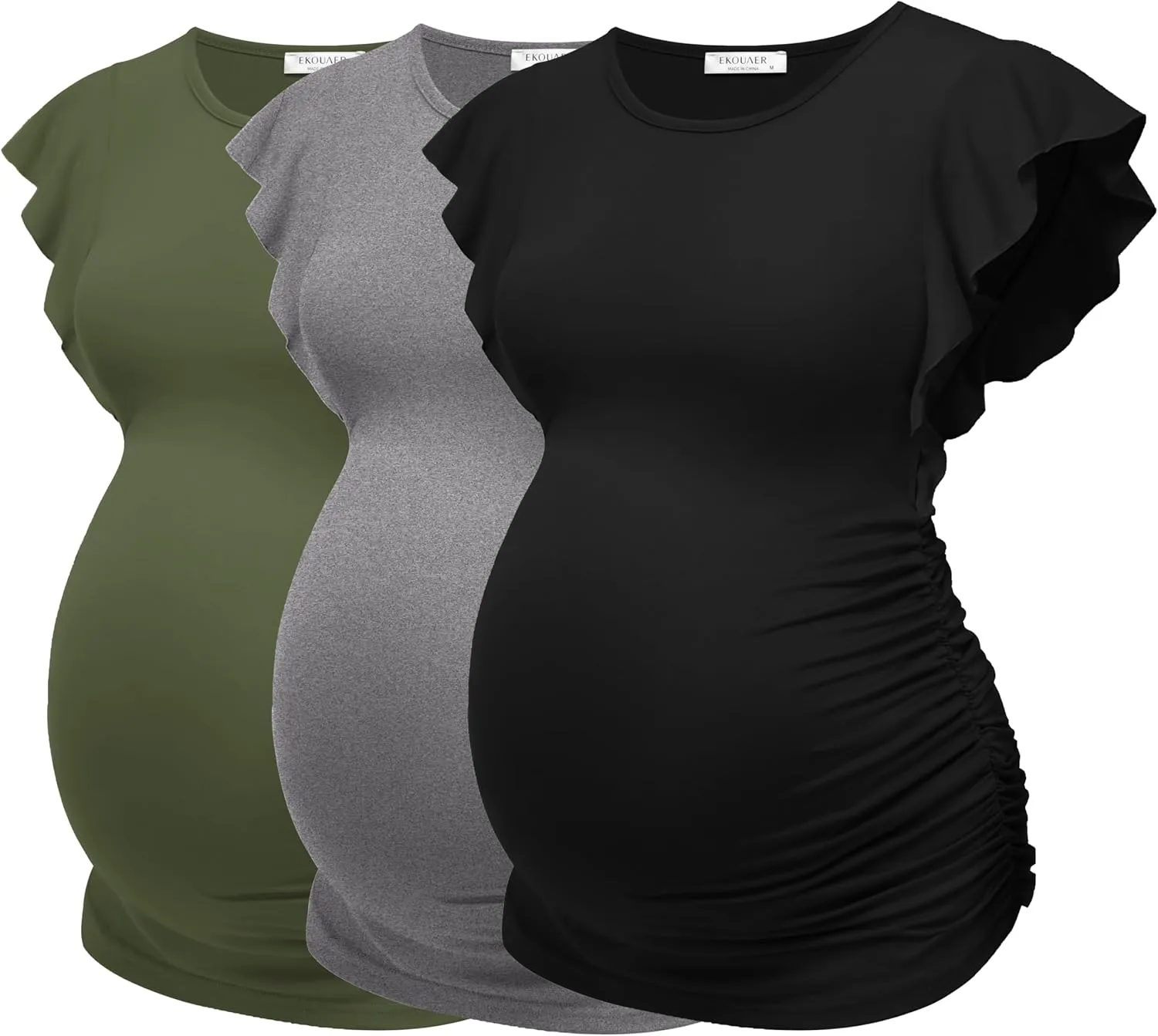Ekouaer Women's Maternity Shirts 3 Packs Flying Short Sleeve Pregnancy Tops Side Ruched Tunic Blouse Mama Clothes S-XXL