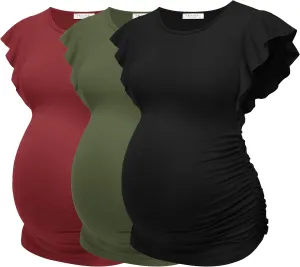 Ekouaer Women's Maternity Shirts 3 Packs Flying Short Sleeve Pregnancy Tops Side Ruched Tunic Blouse Mama Clothes S-XXL