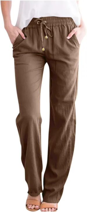 Elastic Waist Pants for Women 2024 Casual High Waist Pants Drawstring Comfort Slim Fit Pants with Side Pockets