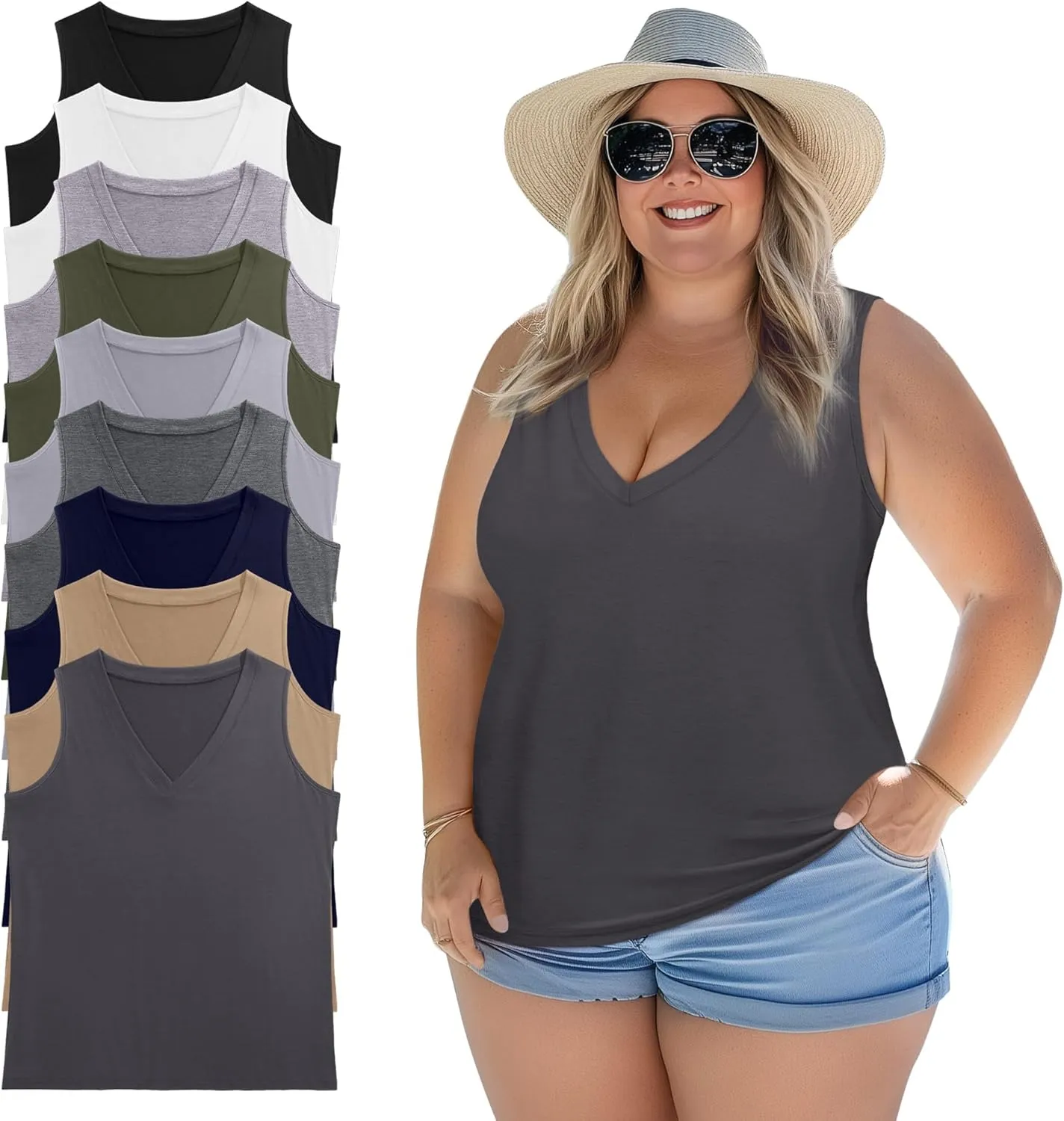 Ficerd 4 Pack Women's Plus Size Tank Tops, Cotton Blend Casual V Neck Sleeveless Shirts Ladies Flowy Dressy Tunics Work Tees