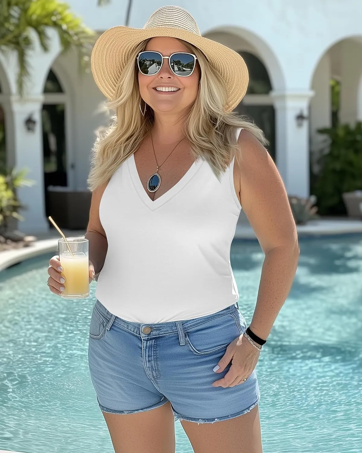 Ficerd 4 Pack Women's Plus Size Tank Tops, Cotton Blend Casual V Neck Sleeveless Shirts Ladies Flowy Dressy Tunics Work Tees