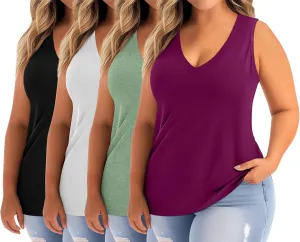 Ficerd 4 Pack Women's Plus Size Tank Tops, Cotton Blend Casual V Neck Sleeveless Shirts Ladies Flowy Dressy Tunics Work Tees