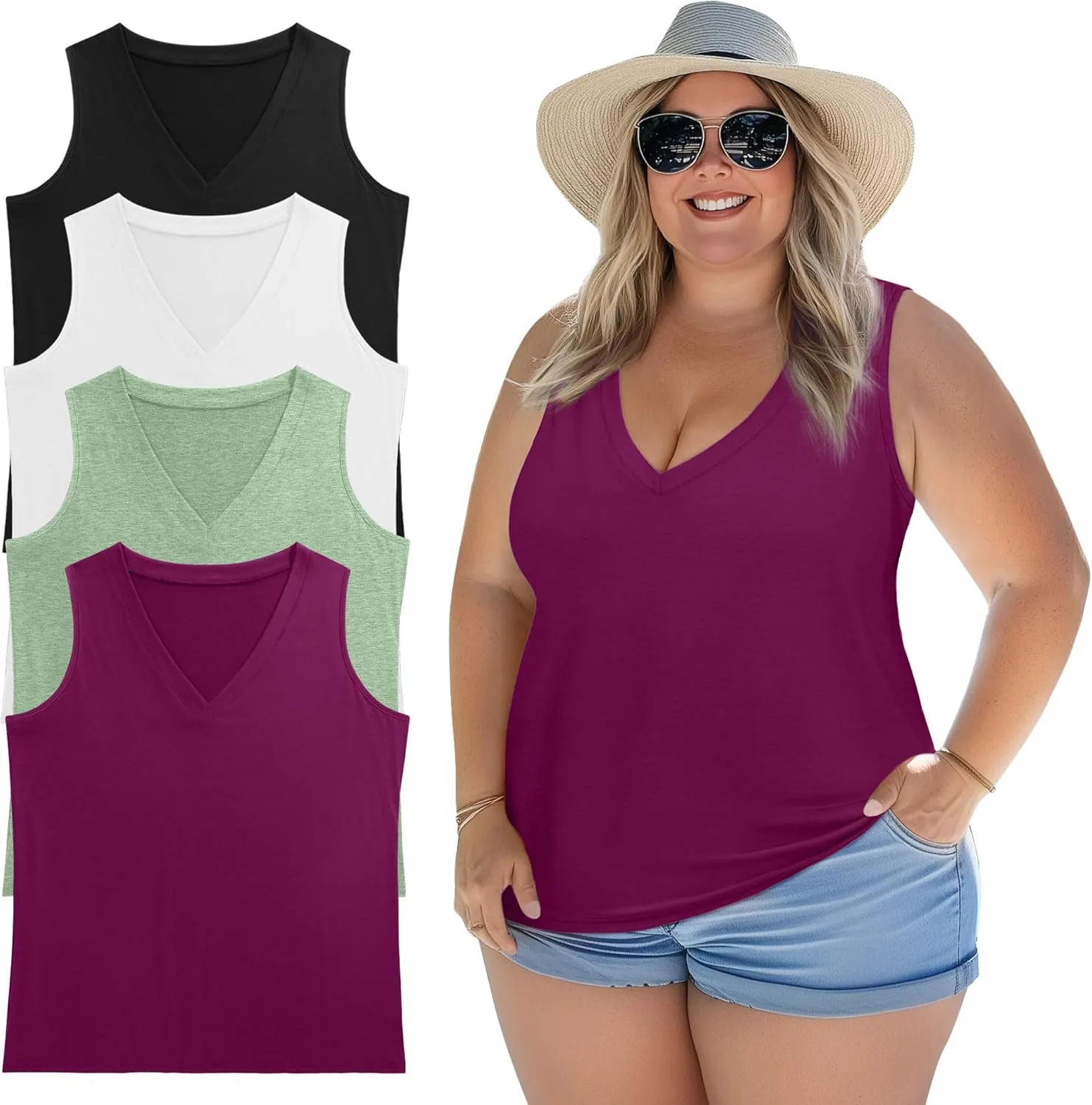 Ficerd 4 Pack Women's Plus Size Tank Tops, Cotton Blend Casual V Neck Sleeveless Shirts Ladies Flowy Dressy Tunics Work Tees
