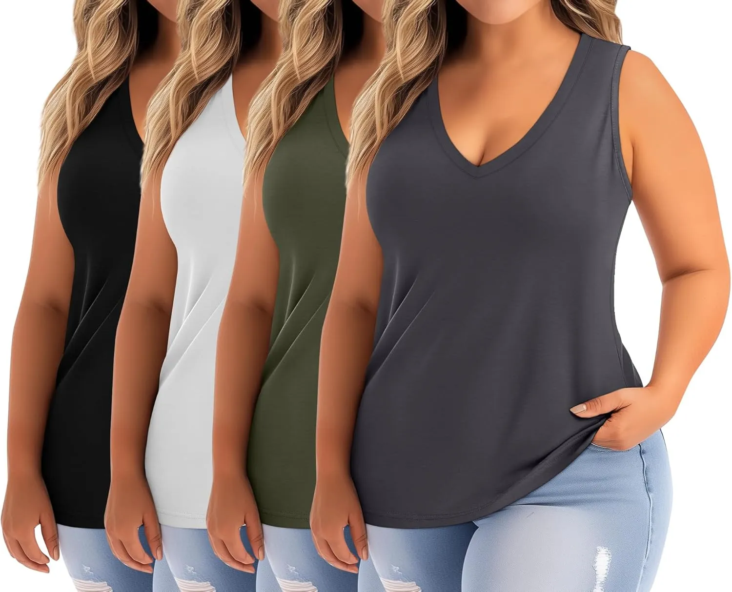Ficerd 4 Pack Women's Plus Size Tank Tops, Cotton Blend Casual V Neck Sleeveless Shirts Ladies Flowy Dressy Tunics Work Tees