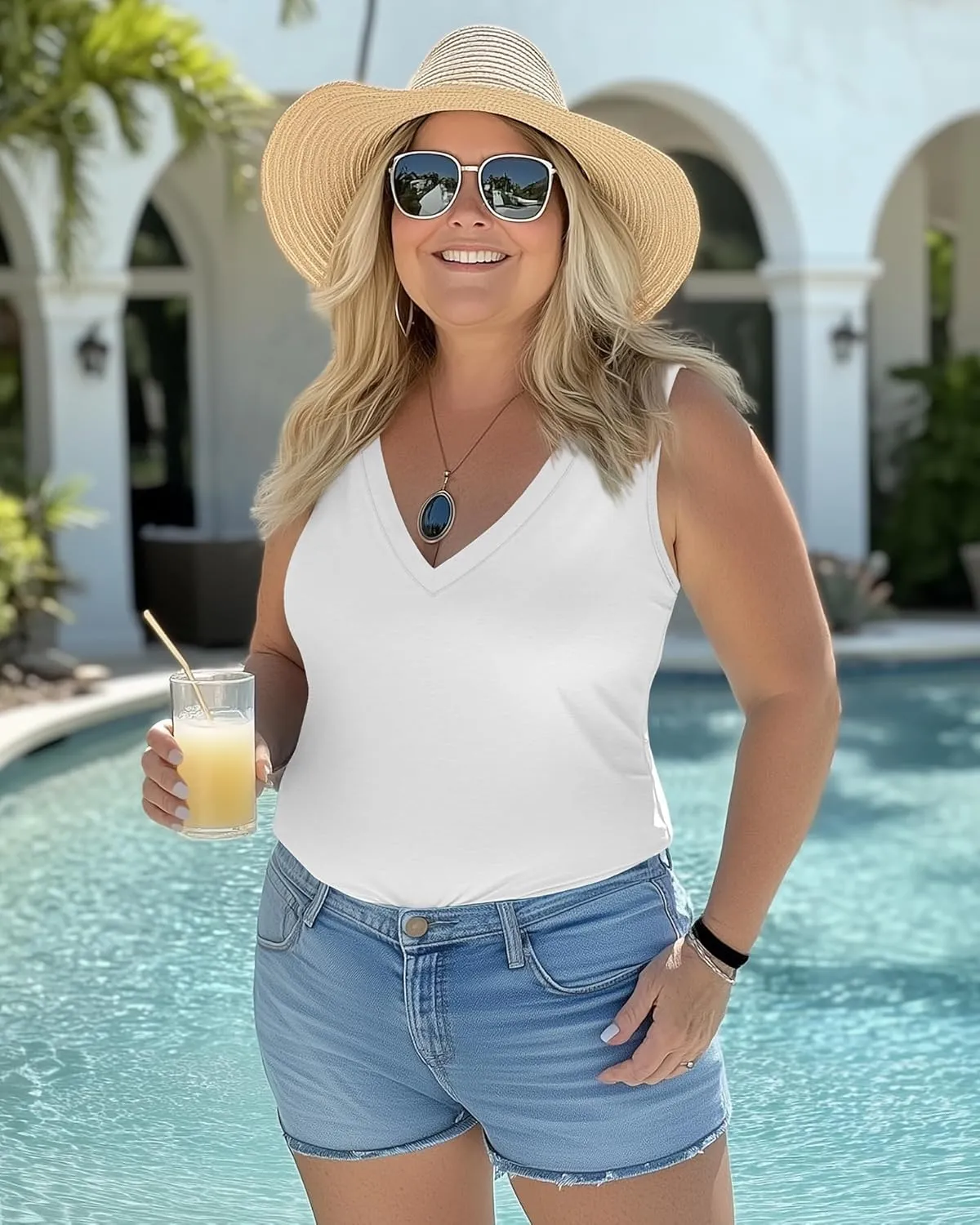Ficerd 4 Pack Women's Plus Size Tank Tops, Cotton Blend Casual V Neck Sleeveless Shirts Ladies Flowy Dressy Tunics Work Tees