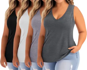 Ficerd 4 Pack Women's Plus Size Tank Tops, Cotton Blend Casual V Neck Sleeveless Shirts Ladies Flowy Dressy Tunics Work Tees