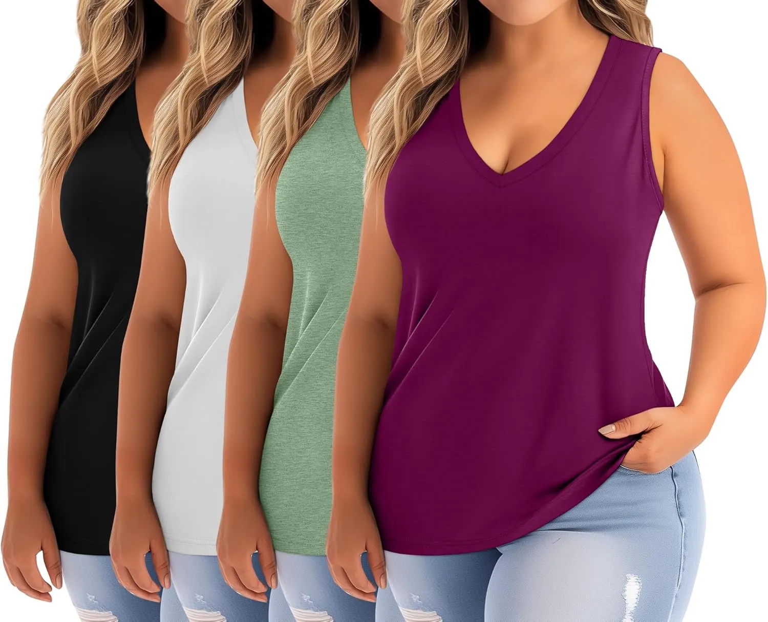 Ficerd 4 Pack Women's Plus Size Tank Tops, Cotton Blend Casual V Neck Sleeveless Shirts Ladies Flowy Dressy Tunics Work Tees