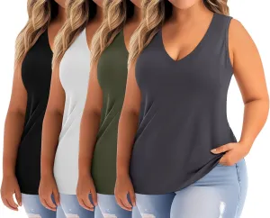 Ficerd 4 Pack Women's Plus Size Tank Tops, Cotton Blend Casual V Neck Sleeveless Shirts Ladies Flowy Dressy Tunics Work Tees
