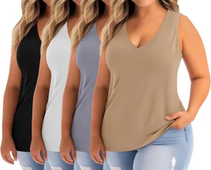 Ficerd 4 Pack Women's Plus Size Tank Tops, Cotton Blend Casual V Neck Sleeveless Shirts Ladies Flowy Dressy Tunics Work Tees