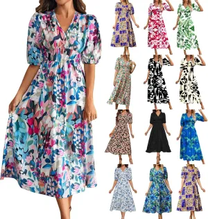 Floral Dress for Women V Neck Short Sleeve Empire Waist Midi Dresses Loose Fit A Line Classy Vintage Vacation Dresses