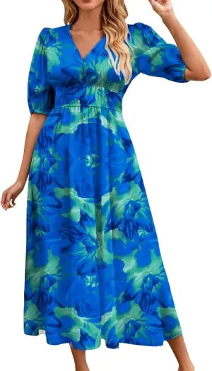 Floral Dress for Women V Neck Short Sleeve Empire Waist Midi Dresses Loose Fit A Line Classy Vintage Vacation Dresses