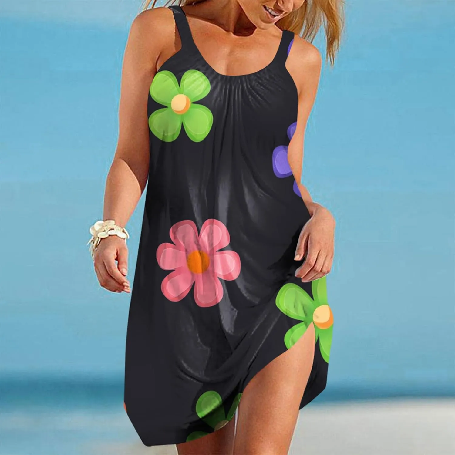 Floral Printed Midi Tank Dress for Women Sleeveless Summer Boho Dresses Loose Fit Beach Cover Ups Sundress