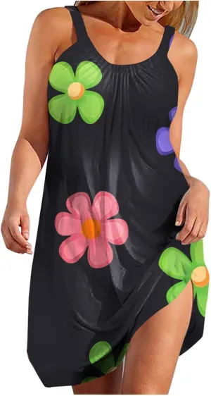 Floral Printed Midi Tank Dress for Women Sleeveless Summer Boho Dresses Loose Fit Beach Cover Ups Sundress