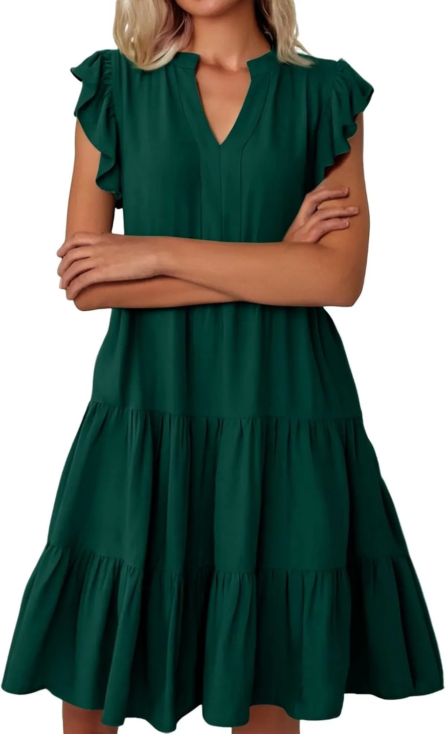 Flutter Sleeve Dress for Women V Neck Pleated Tiered Flowy Dress Summer Boho Beach A Line Midi Dresses with Pockets