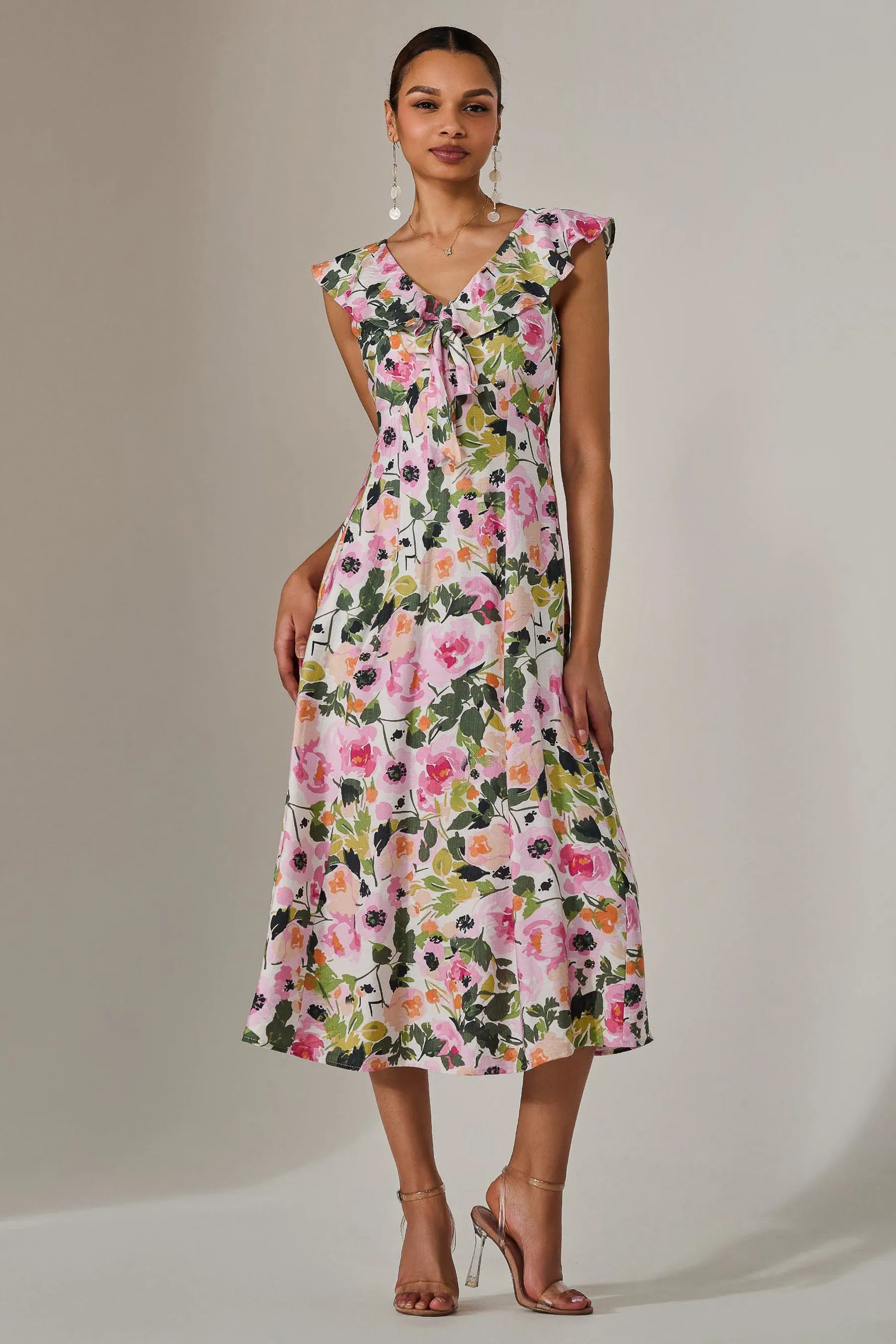 Frill V Neck Midaxi Dress, Multi Floral