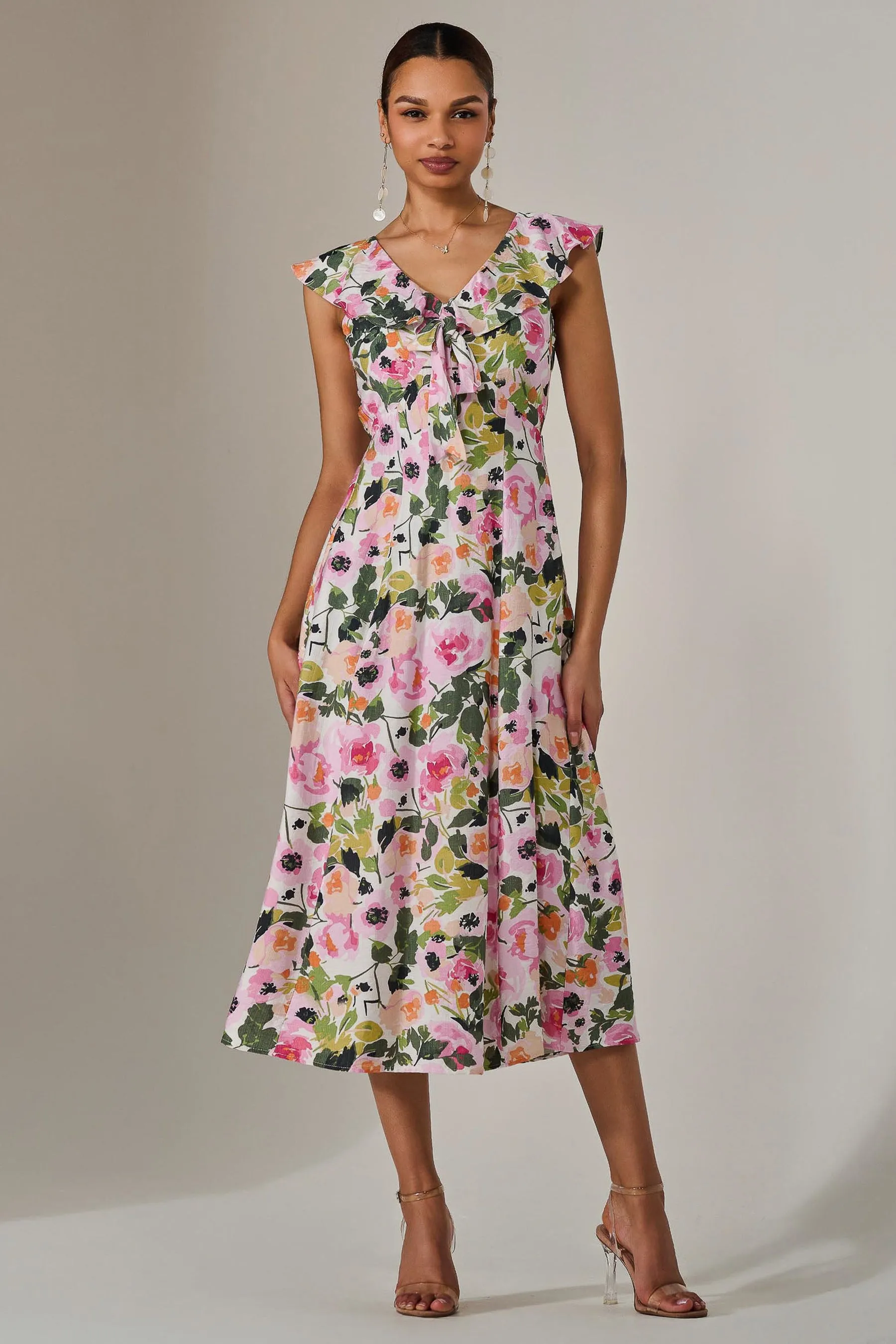 Frill V Neck Midaxi Dress, Multi Floral