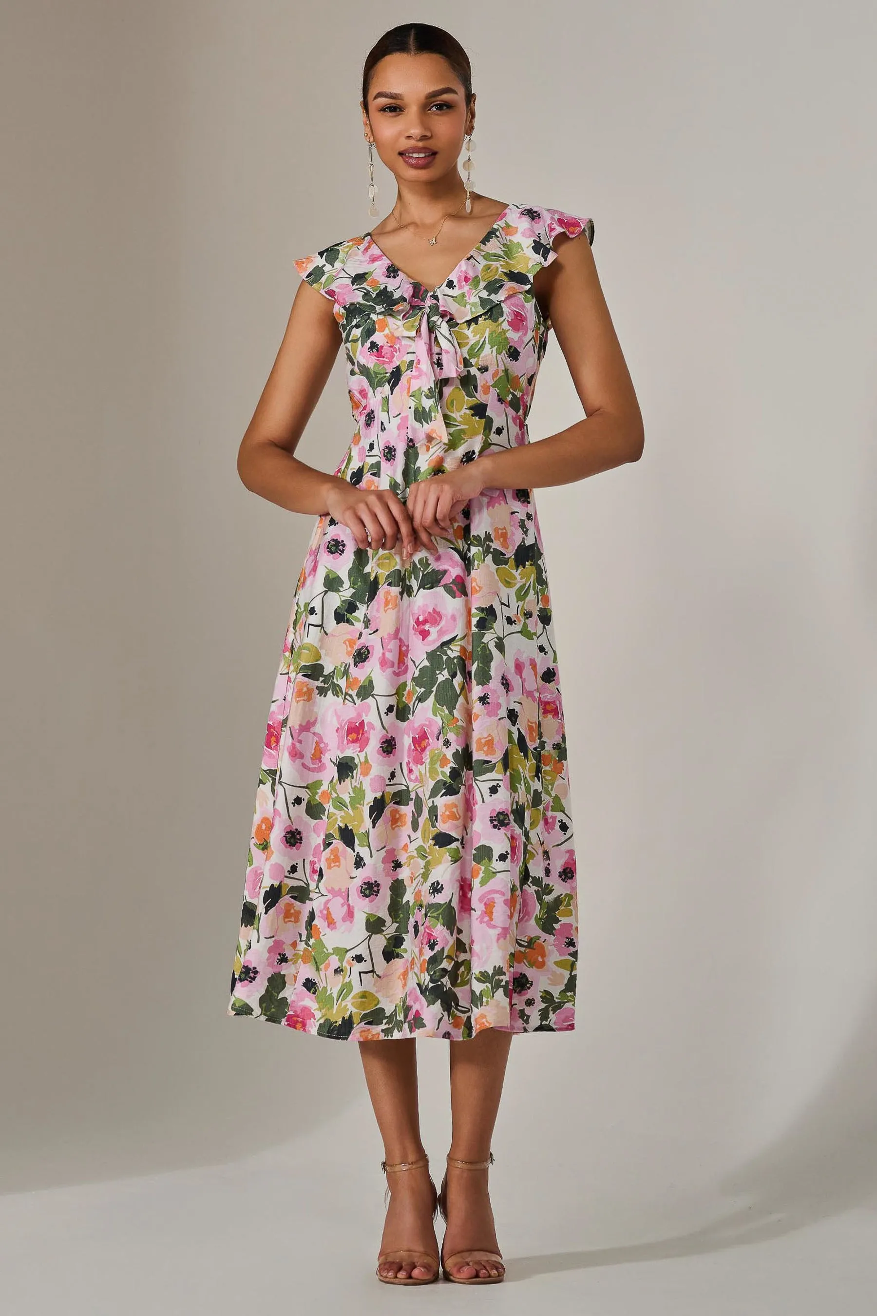 Frill V Neck Midaxi Dress, Multi Floral