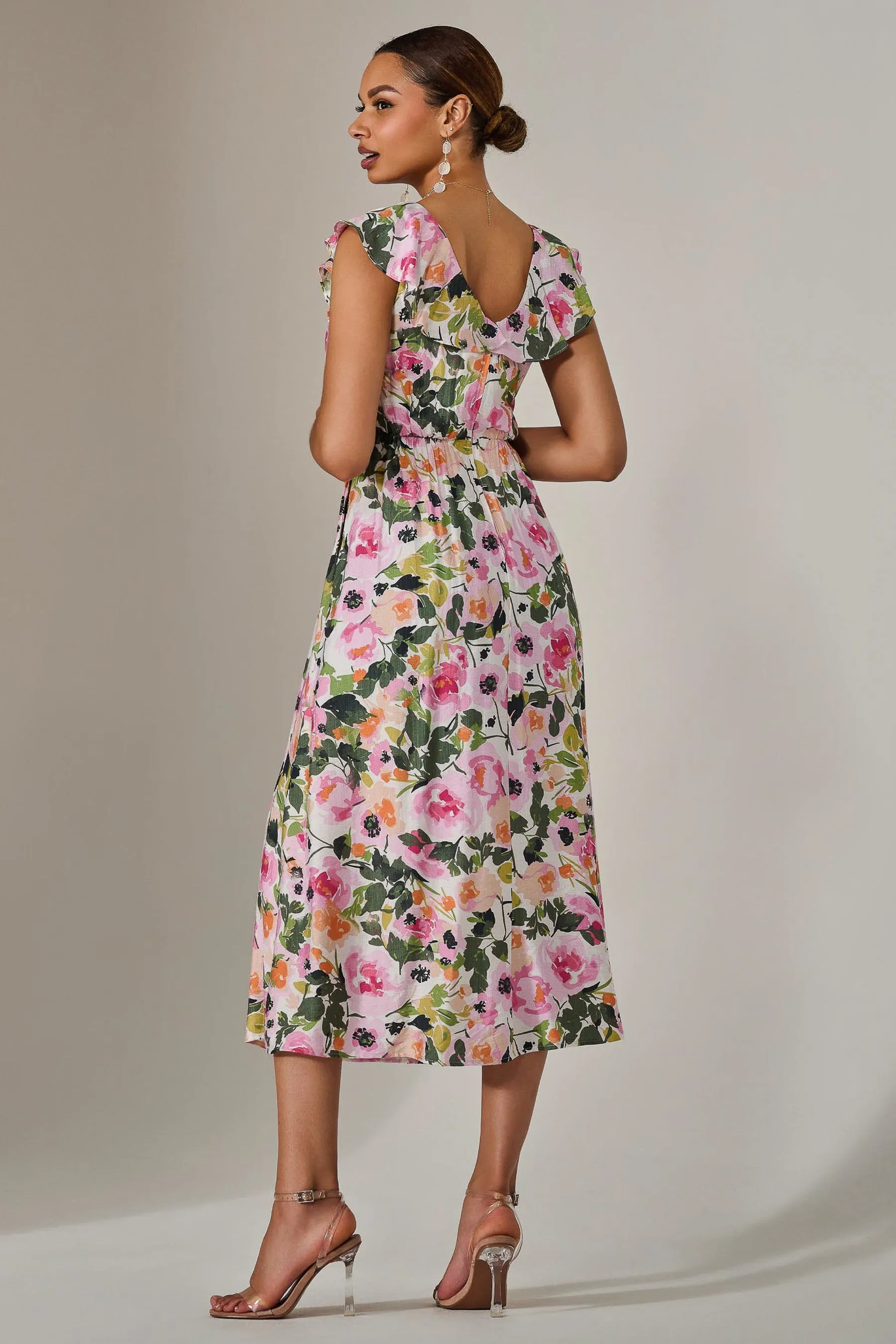 Frill V Neck Midaxi Dress, Multi Floral