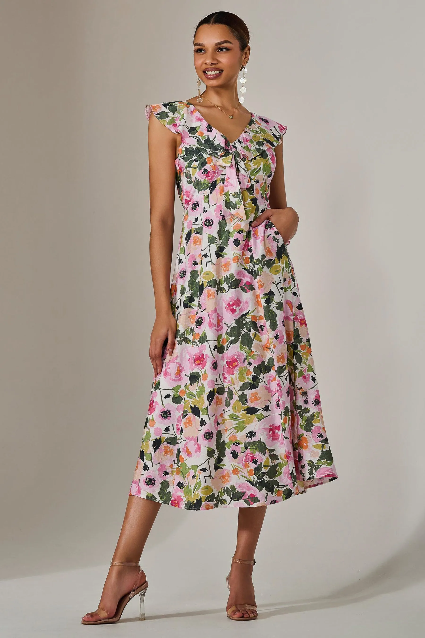 Frill V Neck Midaxi Dress, Multi Floral