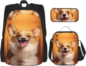 Happy corgi Backpack set (3-piece set) - student school bag   pencil case   lunch bag, large capacity backpack