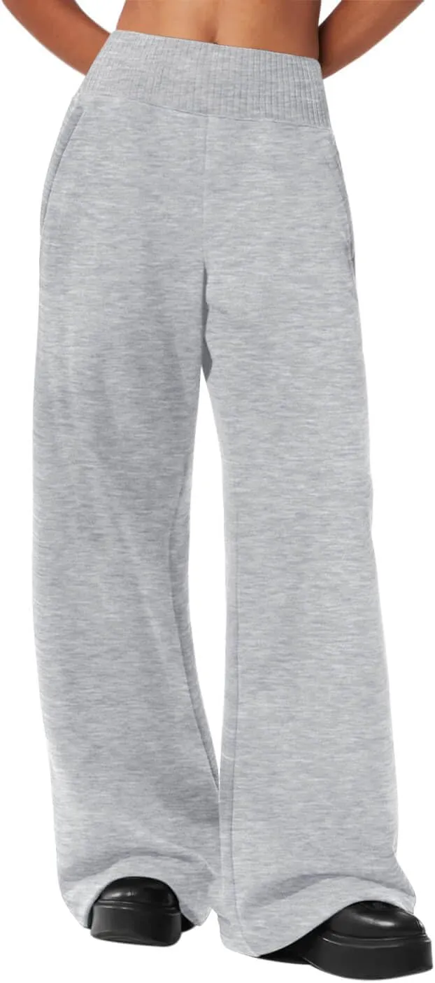 HeSaYep Womens Wide Leg Sweatpants 2025 Ribbed High Waist Straight Leg Baggy Sweat Pants with 4 Pockets