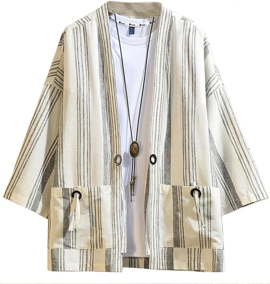 Hotmiss Mens Kimono Hipster Plaid Patchwork Linen Cloak Open Front Cardigan Jackets