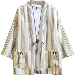 Hotmiss Mens Kimono Hipster Plaid Patchwork Linen Cloak Open Front Cardigan Jackets