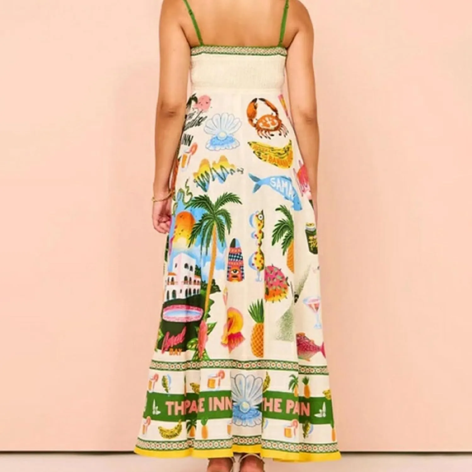 HXHYQKP Long Sundresses for Women 2025 Spaghetti Strap Graffiti Dresses Graphic A Line Swing Long Cami Dress