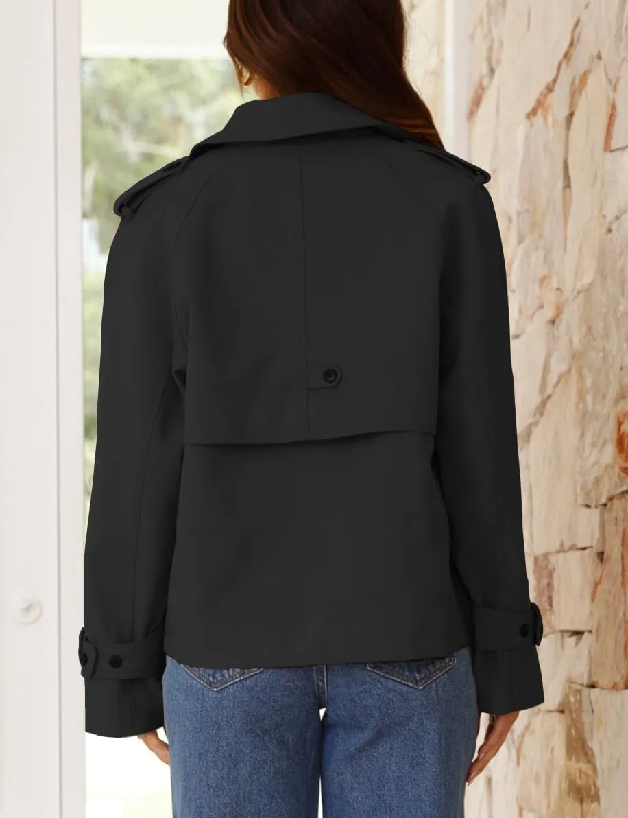 IDEALSANXUN Cropped Trench Coat for Women Spring Fall Trendy Double Breasted Long Sleeve Work Jackets Short Coats