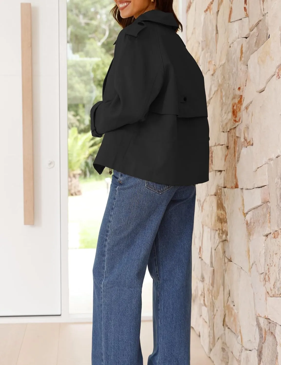 IDEALSANXUN Cropped Trench Coat for Women Spring Fall Trendy Double Breasted Long Sleeve Work Jackets Short Coats