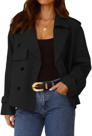 IDEALSANXUN Cropped Trench Coat for Women Spring Fall Trendy Double Breasted Long Sleeve Work Jackets Short Coats