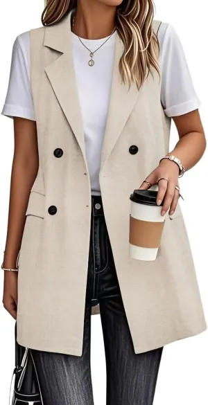 IDEALSANXUN Womens Long Linen Vest Dressy Sleeveless Blazer Jackets Outerwear Tops