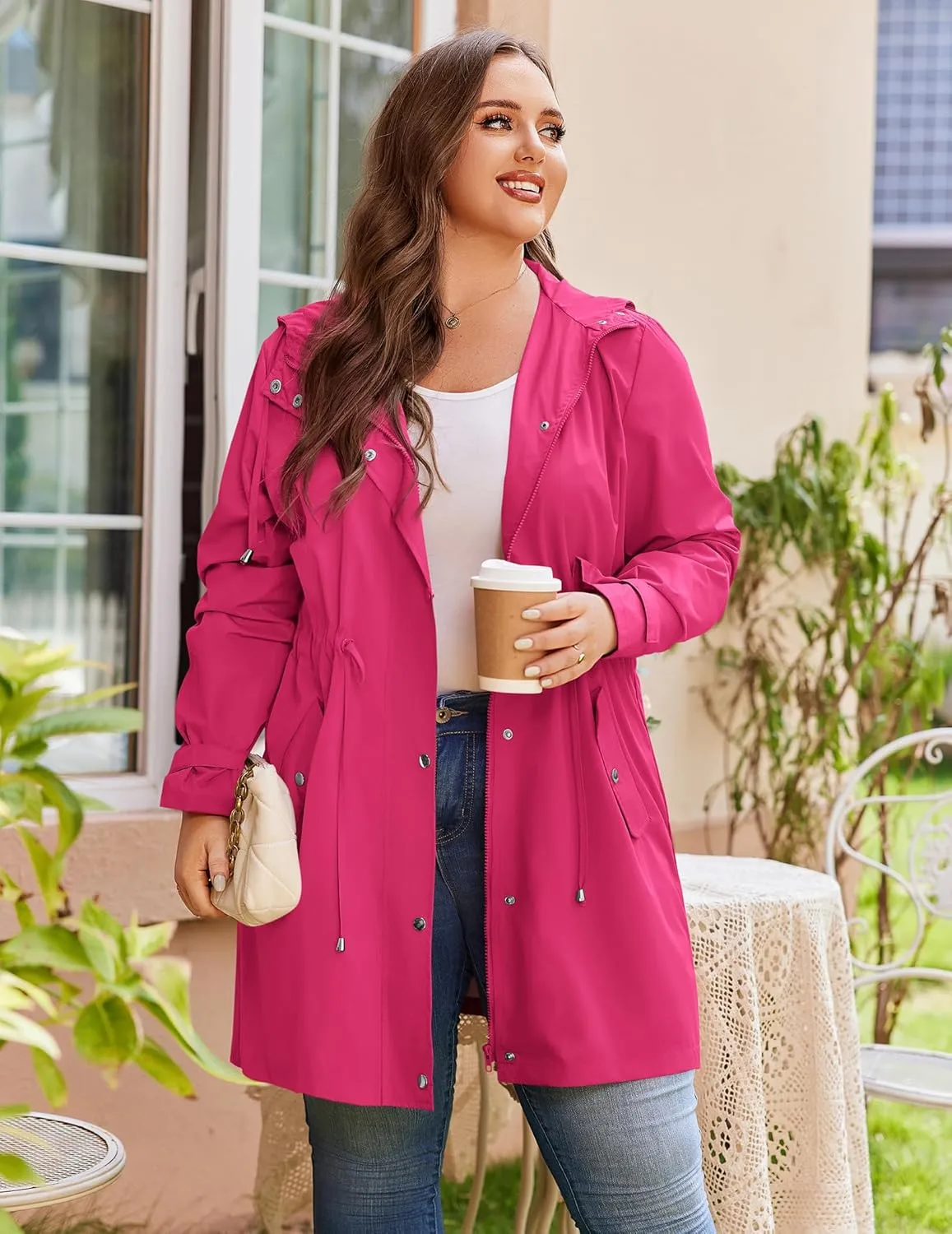 IN'VOLAND Plus Size Rain Jackets For Women Waterproof Rain Coats with Hood Lightweight Windbreaker Outdoor Trench Coat