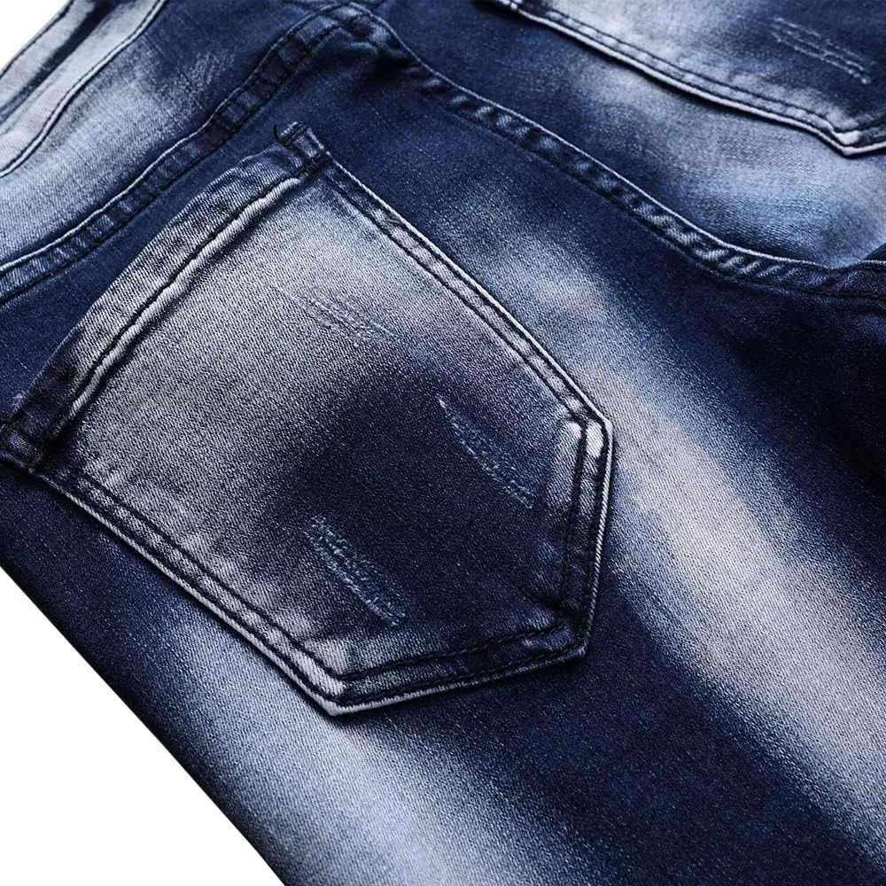 Jeans Men Ripped Denim Pants Straight Slim Fit Regular Distressed Comfort Flex