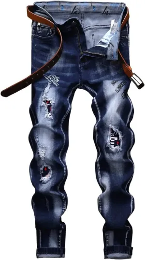 Jeans Men Ripped Denim Pants Straight Slim Fit Regular Distressed Comfort Flex