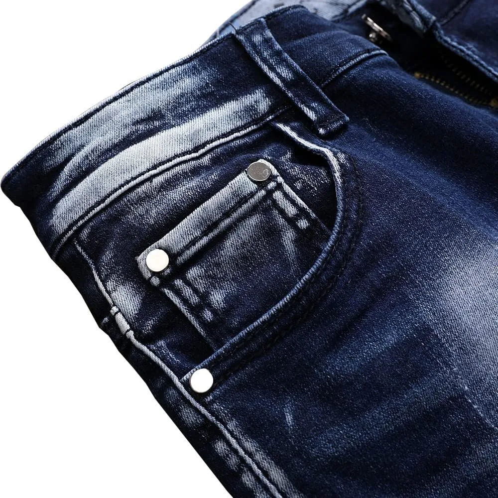 Jeans Men Ripped Denim Pants Straight Slim Fit Regular Distressed Comfort Flex