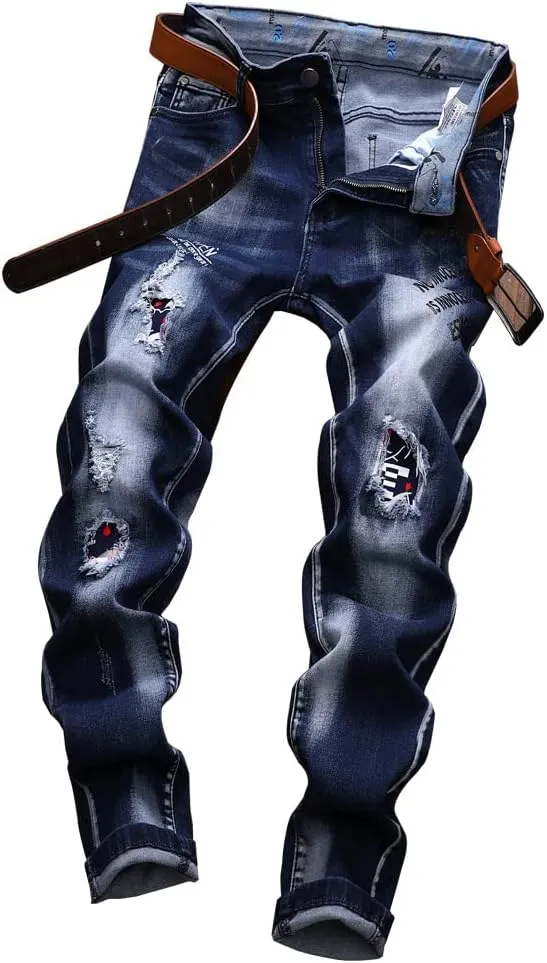 Jeans Men Ripped Denim Pants Straight Slim Fit Regular Distressed Comfort Flex