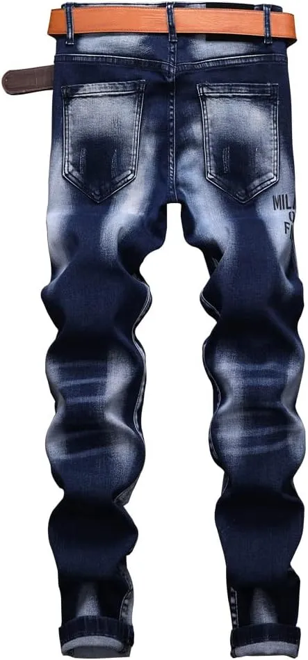 Jeans Men Ripped Denim Pants Straight Slim Fit Regular Distressed Comfort Flex