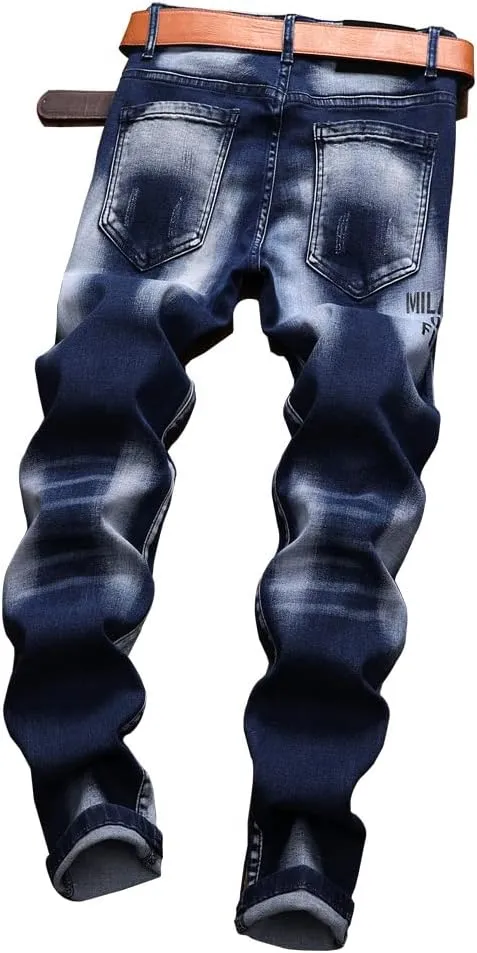 Jeans Men Ripped Denim Pants Straight Slim Fit Regular Distressed Comfort Flex