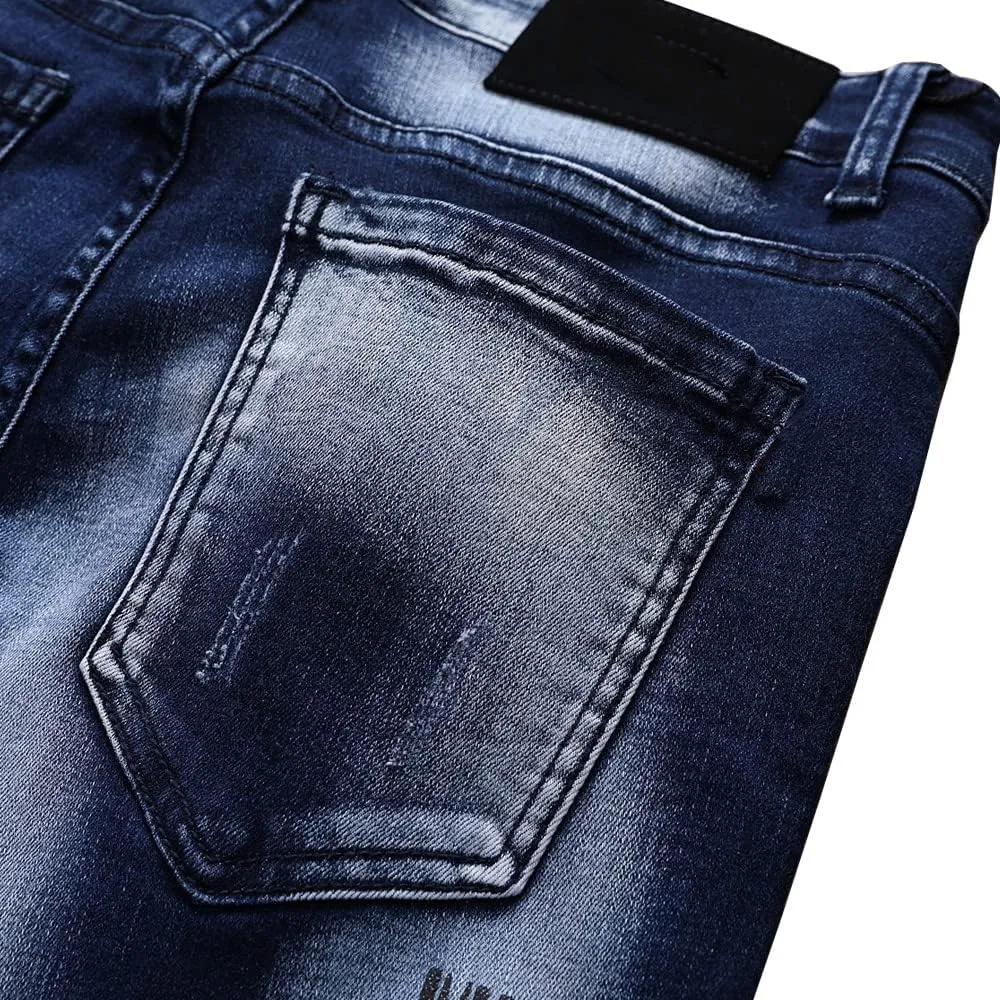 Jeans Men Ripped Denim Pants Straight Slim Fit Regular Distressed Comfort Flex