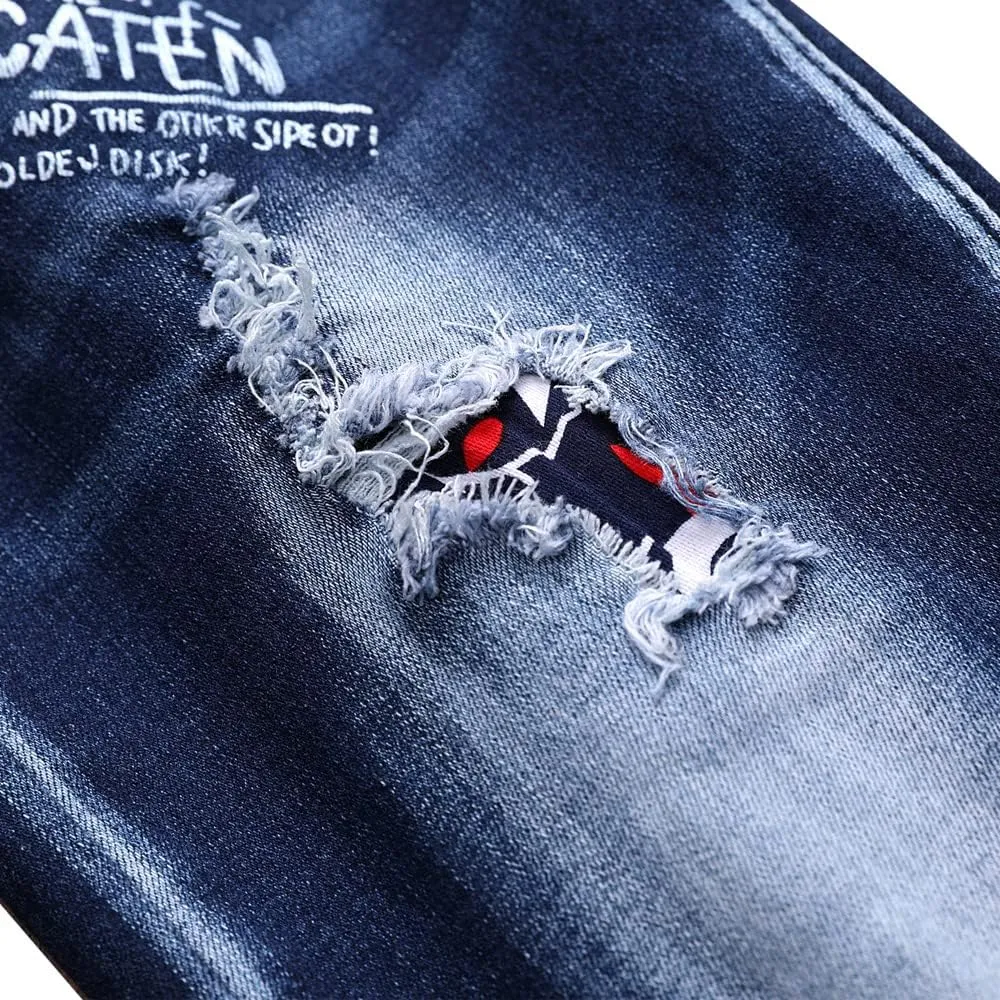 Jeans Men Ripped Denim Pants Straight Slim Fit Regular Distressed Comfort Flex