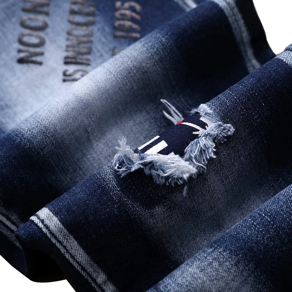 Jeans Men Ripped Denim Pants Straight Slim Fit Regular Distressed Comfort Flex