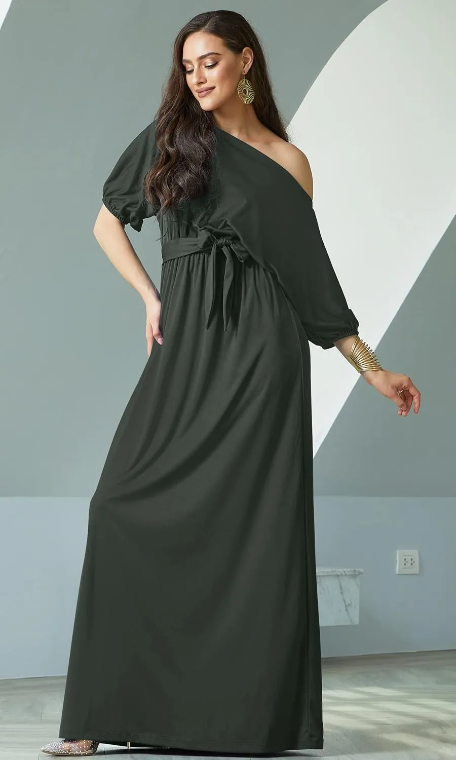 KOH KOH Womens Long Sexy One Shoulder Flowy Casual 3/4 Short Sleeve Maxi Dress