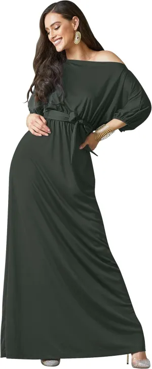 KOH KOH Womens Long Sexy One Shoulder Flowy Casual 3/4 Short Sleeve Maxi Dress