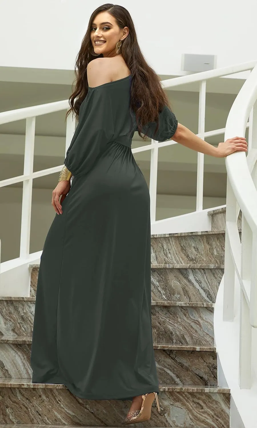KOH KOH Womens Long Sexy One Shoulder Flowy Casual 3/4 Short Sleeve Maxi Dress