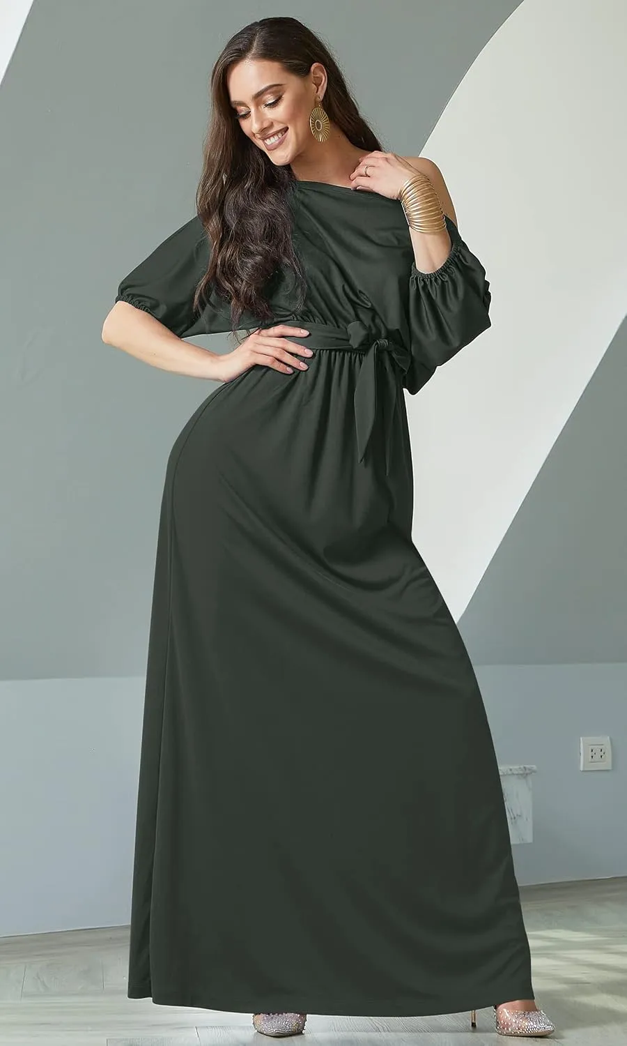 KOH KOH Womens Long Sexy One Shoulder Flowy Casual 3/4 Short Sleeve Maxi Dress