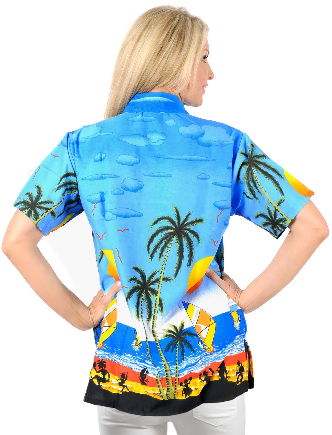 LA LEELA Women's Beach Casual Hawaiian Blouse Short Sleeve button Down Shirt Blue_W946