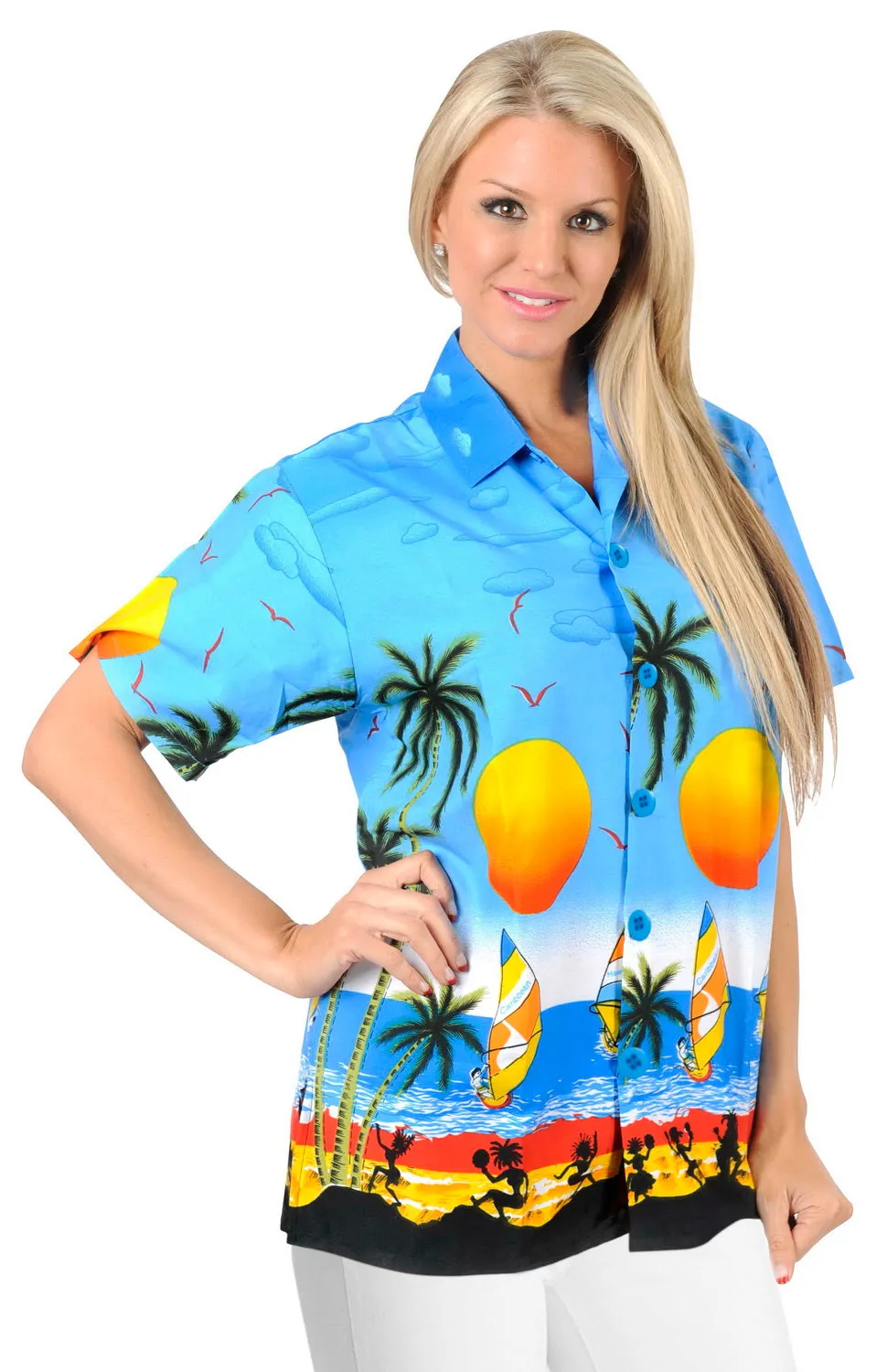 LA LEELA Women's Beach Casual Hawaiian Blouse Short Sleeve button Down Shirt Blue_W946
