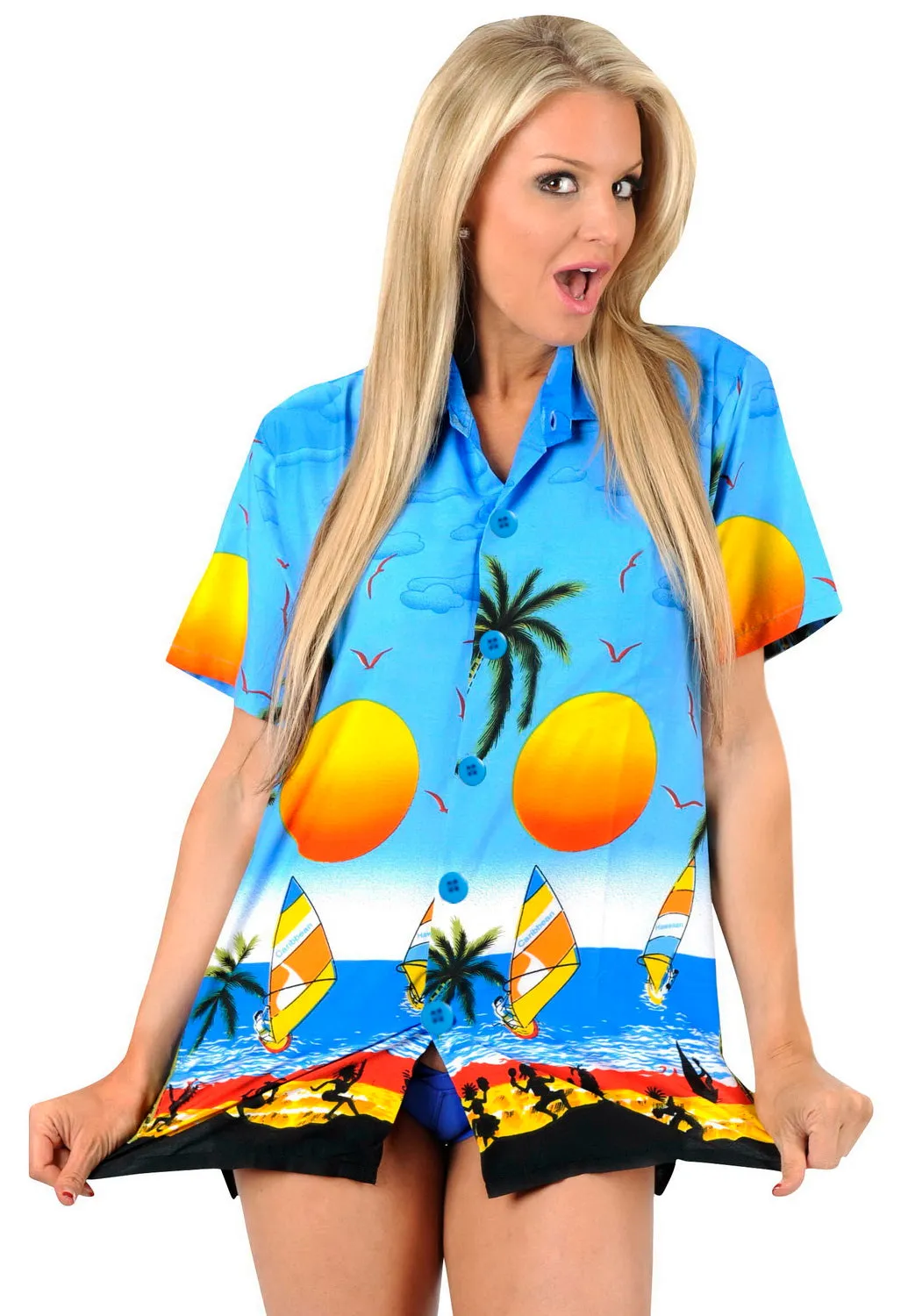 LA LEELA Women's Beach Casual Hawaiian Blouse Short Sleeve button Down Shirt Blue_W946